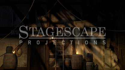 Medieval Theatre Backstage static scenic projection backdrop for & Juliet -authentic backstage theatre environment with multiple lighting states. Hand-crafted by StageScape Projections.