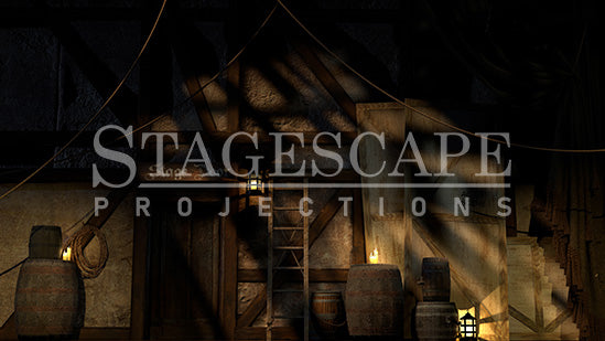 Medieval Theatre Backstage static scenic projection backdrop for & Juliet — authentic backstage theatre environment with multiple lighting states. Hand-crafted by StageScape Projections.