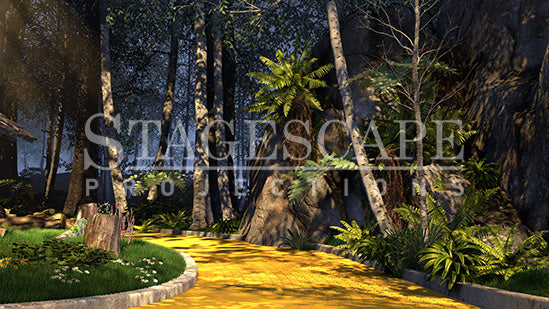 On the Yellow Brick Road scenic projection backdrop for The Wizard of Oz - Yellow Brick Road curving into the Wild Forest, dramatic cliff face with cascading ferns, white birch trees and deep forest canopy. StageScape Projections.