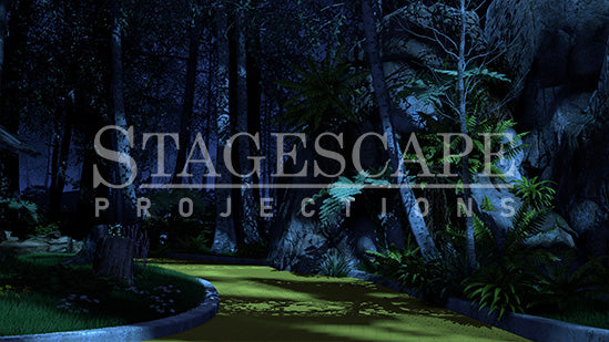 On the Yellow Brick Road scenic projection backdrop for The Wizard of Oz - Yellow Brick Road curving into the Wild Forest, dramatic cliff face with cascading ferns, white birch trees and deep forest canopy. StageScape Projections.