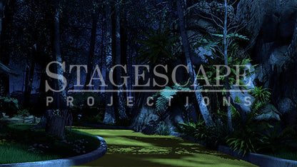On the Yellow Brick Road scenic projection backdrop for The Wizard of Oz - Yellow Brick Road curving into the Wild Forest, dramatic cliff face with cascading ferns, white birch trees and deep forest canopy. StageScape Projections.