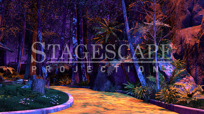 On the Yellow Brick Road scenic projection backdrop for The Wizard of Oz - Yellow Brick Road curving into the Wild Forest, dramatic cliff face with cascading ferns, white birch trees and deep forest canopy. StageScape Projections.
