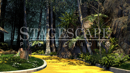 On the Yellow Brick Road scenic projection backdrop for The Wizard of Oz - Yellow Brick Road curving into the Wild Forest, dramatic cliff face with cascading ferns, white birch trees and deep forest canopy. StageScape Projections.