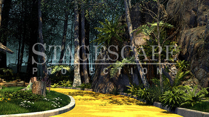 On the Yellow Brick Road scenic projection backdrop for The Wizard of Oz - Yellow Brick Road curving into the Wild Forest, dramatic cliff face with cascading ferns, white birch trees and deep forest canopy. StageScape Projections.