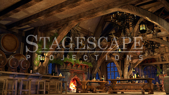 Rustic Medieval Tavern static scenic projection backdrop for Beauty and the Beast Gaston - twenty images with warm golden tavern to dramatic red-toned antler shadow lighting states. Hand-crafted by StageScape Projections.
