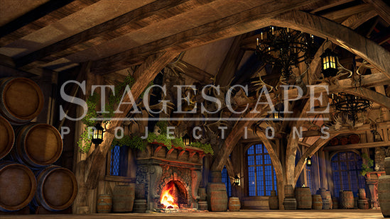 Rustic Medieval Tavern static scenic projection backdrop for Beauty and the Beast Gaston - twenty images with warm golden tavern to dramatic red-toned antler shadow lighting states. Hand-crafted by StageScape Projections.