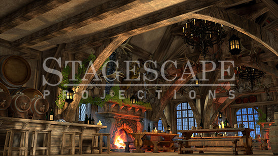 Rustic Medieval Tavern static scenic projection backdrop for Beauty and the Beast Gaston - twenty images with warm golden tavern to dramatic red-toned antler shadow lighting states. Hand-crafted by StageScape Projections.
