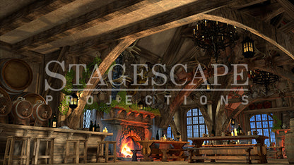 Rustic Medieval Tavern static scenic projection backdrop for Beauty and the Beast Gaston - twenty images with warm golden tavern to dramatic red-toned antler shadow lighting states. Hand-crafted by StageScape Projections.