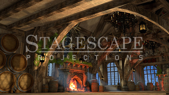 Rustic Medieval Tavern static scenic projection backdrop for Beauty and the Beast Gaston - twenty images with warm golden tavern to dramatic red-toned antler shadow lighting states. Hand-crafted by StageScape Projections.