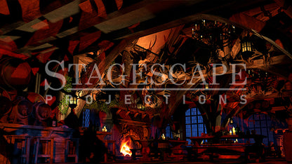Rustic Medieval Tavern static scenic projection backdrop for Beauty and the Beast Gaston - twenty images with warm golden tavern to dramatic red-toned antler shadow lighting states. Hand-crafted by StageScape Projections.