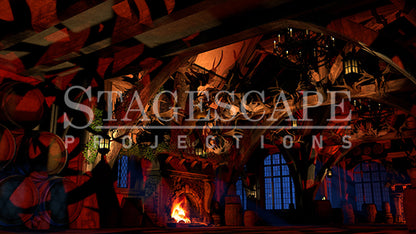 Rustic Medieval Tavern static scenic projection backdrop for Beauty and the Beast Gaston - twenty images with warm golden tavern to dramatic red-toned antler shadow lighting states. Hand-crafted by StageScape Projections.