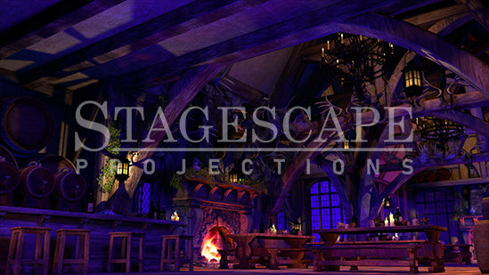 Rustic Medieval Tavern static scenic projection backdrop for Beauty and the Beast Gaston - twenty images with warm golden tavern to dramatic red-toned antler shadow lighting states. Hand-crafted by StageScape Projections.