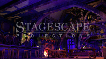 Rustic Medieval Tavern static scenic projection backdrop for Beauty and the Beast Gaston - twenty images with warm golden tavern to dramatic red-toned antler shadow lighting states. Hand-crafted by StageScape Projections.