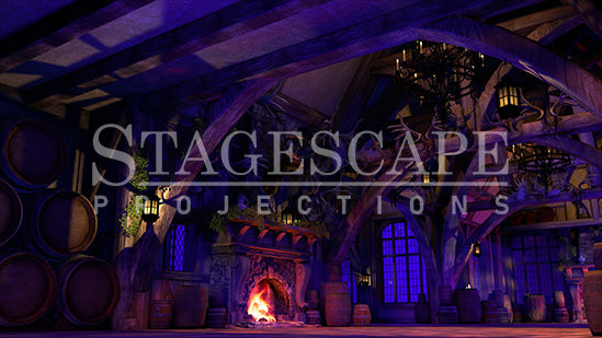 Rustic Medieval Tavern static scenic projection backdrop for Beauty and the Beast Gaston - twenty images with warm golden tavern to dramatic red-toned antler shadow lighting states. Hand-crafted by StageScape Projections.