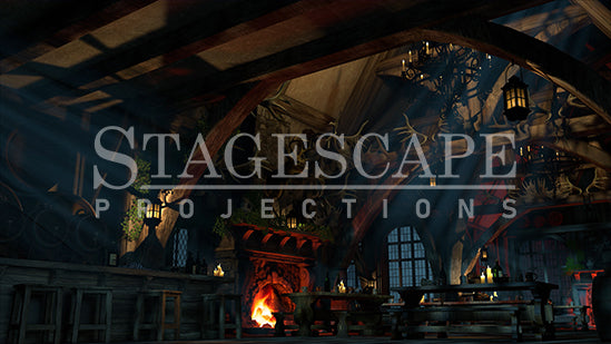Rustic Medieval Tavern static scenic projection backdrop for Beauty and the Beast Gaston - twenty images with warm golden tavern to dramatic red-toned antler shadow lighting states. Hand-crafted by StageScape Projections.