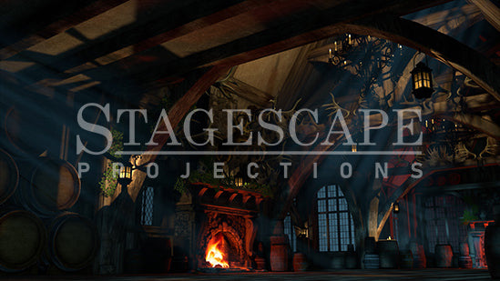 Rustic Medieval Tavern static scenic projection backdrop for Beauty and the Beast Gaston - twenty images with warm golden tavern to dramatic red-toned antler shadow lighting states. Hand-crafted by StageScape Projections.