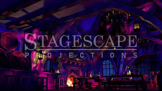 Rustic Medieval Tavern static scenic projection backdrop for Beauty and the Beast Gaston - twenty images with warm golden tavern to dramatic red-toned antler shadow lighting states. Hand-crafted by StageScape Projections.