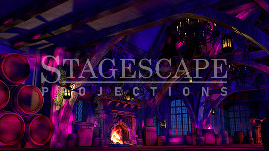 Rustic Medieval Tavern static scenic projection backdrop for Beauty and the Beast Gaston - twenty images with warm golden tavern to dramatic red-toned antler shadow lighting states. Hand-crafted by StageScape Projections.