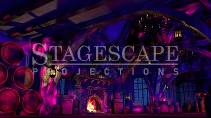 Rustic Medieval Tavern static scenic projection backdrop for Beauty and the Beast Gaston - twenty images with warm golden tavern to dramatic red-toned antler shadow lighting states. Hand-crafted by StageScape Projections.