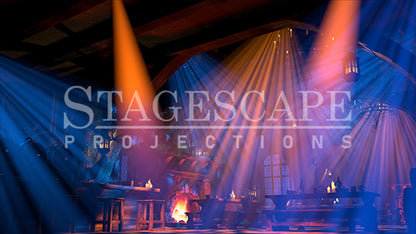 Rustic Medieval Tavern static scenic projection backdrop for Beauty and the Beast Gaston - twenty images with warm golden tavern to dramatic red-toned antler shadow lighting states. Hand-crafted by StageScape Projections.