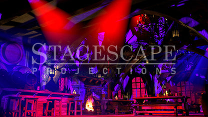Rustic Medieval Tavern static scenic projection backdrop for Beauty and the Beast Gaston - twenty images with warm golden tavern to dramatic red-toned antler shadow lighting states. Hand-crafted by StageScape Projections.