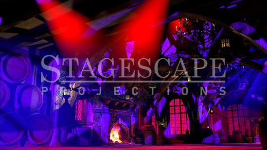 Rustic Medieval Tavern static scenic projection backdrop for Beauty and the Beast Gaston - twenty images with warm golden tavern to dramatic red-toned antler shadow lighting states. Hand-crafted by StageScape Projections.