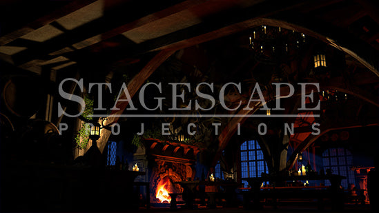 Rustic Medieval Tavern static scenic projection backdrop for Beauty and the Beast Gaston - twenty images with warm golden tavern to dramatic red-toned antler shadow lighting states. Hand-crafted by StageScape Projections.