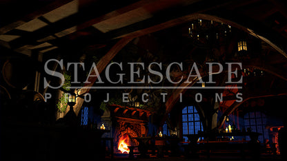 Rustic Medieval Tavern static scenic projection backdrop for Beauty and the Beast Gaston - twenty images with warm golden tavern to dramatic red-toned antler shadow lighting states. Hand-crafted by StageScape Projections.