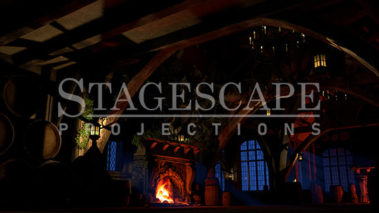 Rustic Medieval Tavern static scenic projection backdrop for Beauty and the Beast Gaston - twenty images with warm golden tavern to dramatic red-toned antler shadow lighting states. Hand-crafted by StageScape Projections.