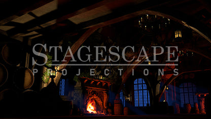 Rustic Medieval Tavern static scenic projection backdrop for Beauty and the Beast Gaston - twenty images with warm golden tavern to dramatic red-toned antler shadow lighting states. Hand-crafted by StageScape Projections.
