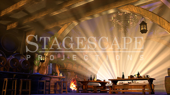 Rustic Medieval Tavern static scenic projection backdrop for Beauty and the Beast Gaston - twenty images with warm golden tavern to dramatic red-toned antler shadow lighting states. Hand-crafted by StageScape Projections.