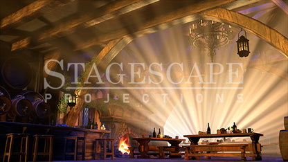 Rustic Medieval Tavern static scenic projection backdrop for Beauty and the Beast Gaston - twenty images with warm golden tavern to dramatic red-toned antler shadow lighting states. Hand-crafted by StageScape Projections.