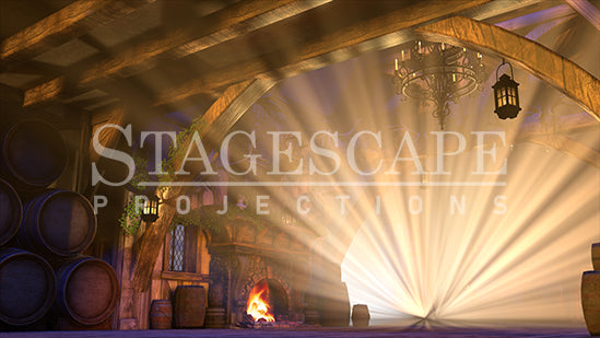 Rustic Medieval Tavern static scenic projection backdrop for Beauty and the Beast Gaston - twenty images with warm golden tavern to dramatic red-toned antler shadow lighting states. Hand-crafted by StageScape Projections.