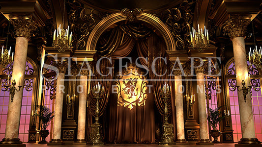 Siegfried's Gilded Ballroom scenic projection backdrop for Swan Lake - ornate royal palace interior with Baroque columns, gilded arch, and candlelight. StageScape Projections.