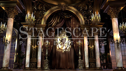 Siegfried's Gilded Ballroom scenic projection backdrop for Swan Lake - ornate royal palace interior with Baroque columns, gilded arch, and candlelight. StageScape Projections.