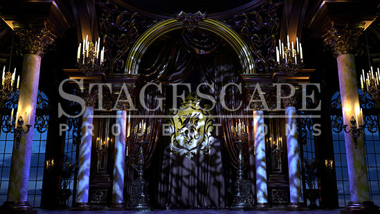 Siegfried's Gilded Ballroom scenic projection backdrop for Swan Lake - ornate royal palace interior with Baroque columns, gilded arch, and candlelight. StageScape Projections.