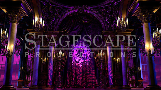 Siegfried's Gilded Ballroom scenic projection backdrop for Swan Lake - ornate royal palace interior with Baroque columns, gilded arch, and candlelight. StageScape Projections.