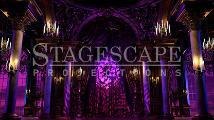 Siegfried's Gilded Ballroom scenic projection backdrop for Swan Lake - ornate royal palace interior with Baroque columns, gilded arch, and candlelight. StageScape Projections.
