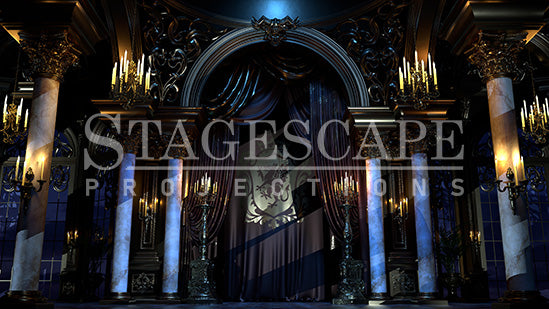 Siegfried's Gilded Ballroom scenic projection backdrop for Swan Lake - ornate royal palace interior with Baroque columns, gilded arch, and candlelight. StageScape Projections.