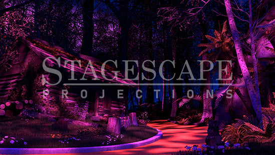 The TinWoodman's Cottage scenic projection backdrop for The Wizard of Oz - dark log cottage with moss and purple flowering boughs, kerbed yellow brick road, stark white birch trees and cascading ferns against deep forest. StageScape Projections.