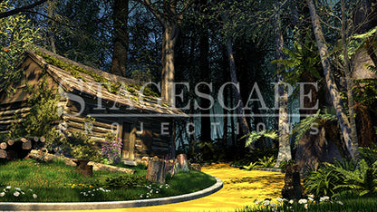 The TinWoodman's Cottage scenic projection backdrop for The Wizard of Oz - dark log cottage with moss and purple flowering boughs, kerbed yellow brick road, stark white birch trees and cascading ferns against deep forest. StageScape Projections.