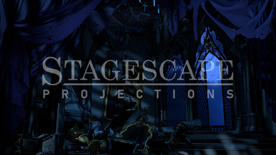 The West Wing static scenic projection backdrop for Beauty and the Beast - nineteen images with haunting moonlight and enchanted rose lighting states, including Prince portrait variants. Hand-crafted by StageScape Projections.