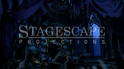 The West Wing static scenic projection backdrop for Beauty and the Beast - nineteen images with haunting moonlight and enchanted rose lighting states, including Prince portrait variants. Hand-crafted by StageScape Projections.