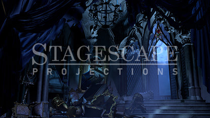 The West Wing static scenic projection backdrop for Beauty and the Beast - nineteen images with haunting moonlight and enchanted rose lighting states, including Prince portrait variants. Hand-crafted by StageScape Projections.