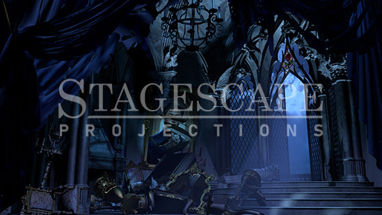 The West Wing static scenic projection backdrop for Beauty and the Beast - nineteen images with haunting moonlight and enchanted rose lighting states, including Prince portrait variants. Hand-crafted by StageScape Projections.