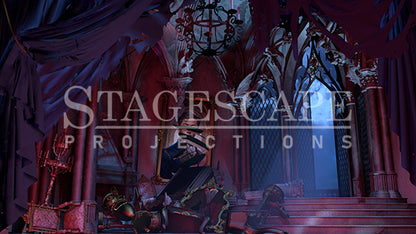 The West Wing static scenic projection backdrop for Beauty and the Beast - nineteen images with haunting moonlight and enchanted rose lighting states, including Prince portrait variants. Hand-crafted by StageScape Projections.