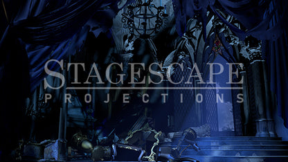 The West Wing static scenic projection backdrop for Beauty and the Beast - nineteen images with haunting moonlight and enchanted rose lighting states, including Prince portrait variants. Hand-crafted by StageScape Projections.