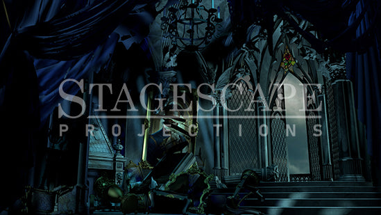 The West Wing static scenic projection backdrop for Beauty and the Beast - nineteen images with haunting moonlight and enchanted rose lighting states, including Prince portrait variants. Hand-crafted by StageScape Projections.