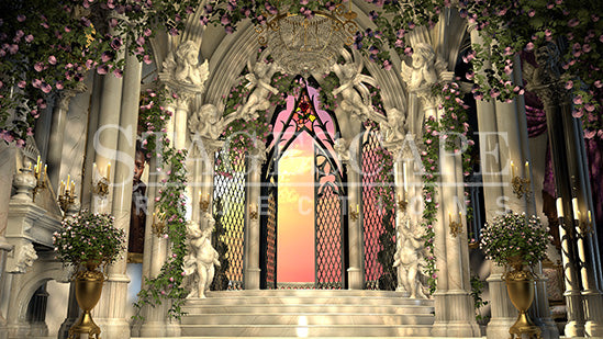 The West Wing Restored static scenic projection backdrop for Beauty and the Beast - warm and enchanted West Wing interior after the curse breaks. Multiple lighting states. Hand-crafted by StageScape Projections.