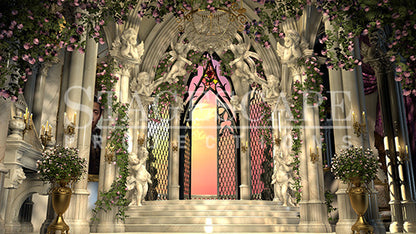 The West Wing Restored static scenic projection backdrop for Beauty and the Beast - warm and enchanted West Wing interior after the curse breaks. Multiple lighting states. Hand-crafted by StageScape Projections.
